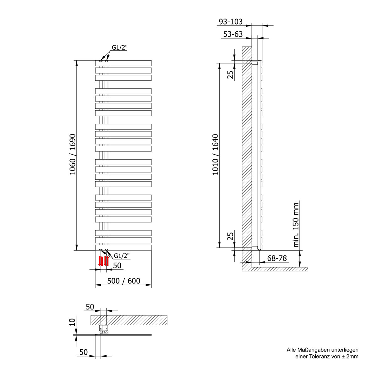 Schulte  Handtuchwärmekörper Breda steckerfertig inklusive Heizstab 1 Anschluss rechts 50 cm x 169 cm Bild 3
