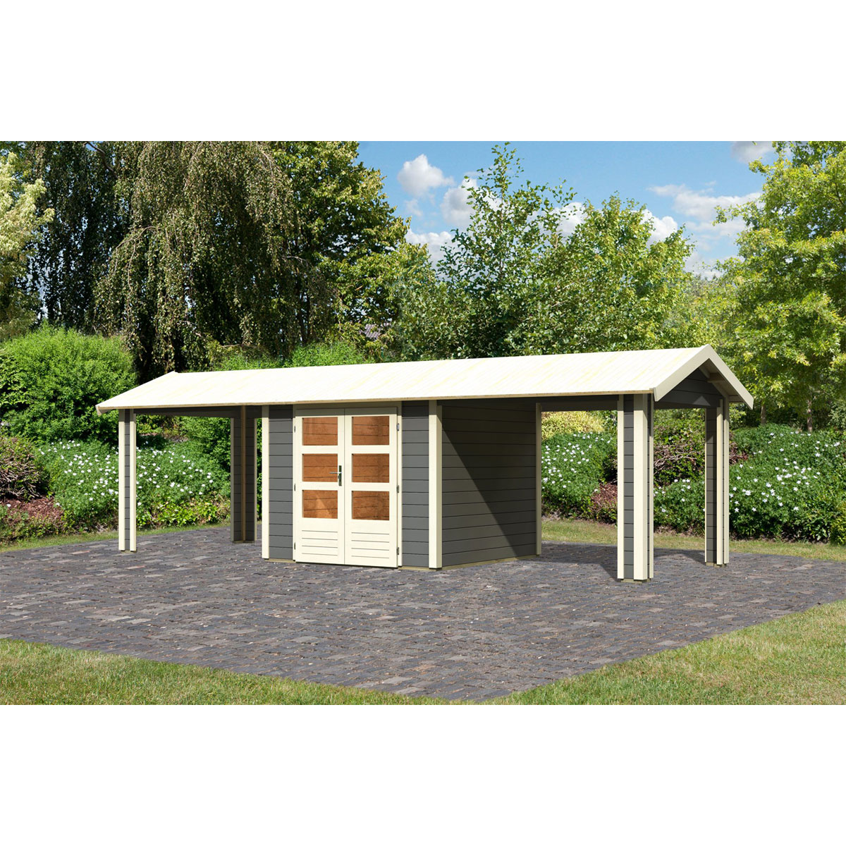 Karibu  Blockbohlenhaus Theres 3 terragrau mit 2 Dachausbauelementen