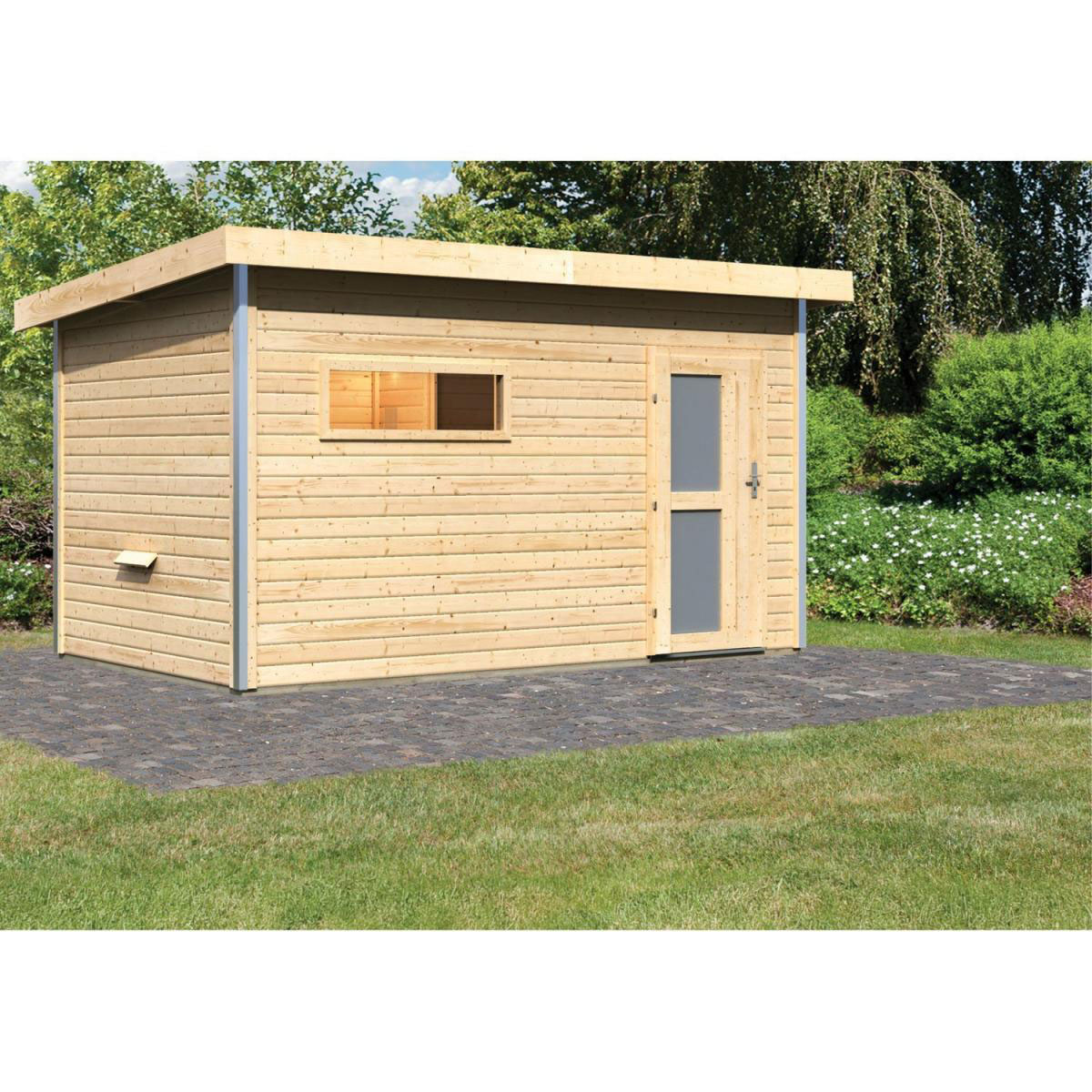 Karibu Saunahaus Skrollan 38 mm ohne Ofen Milchglastür Bild 4