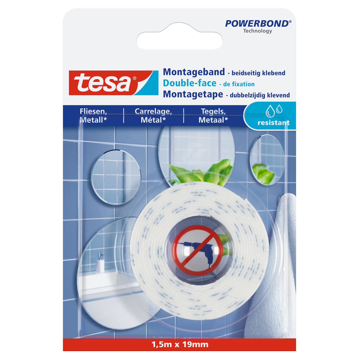 Tesa Montageband für Fliesen 1,5 m x 19 mm feuchtraumbeständig