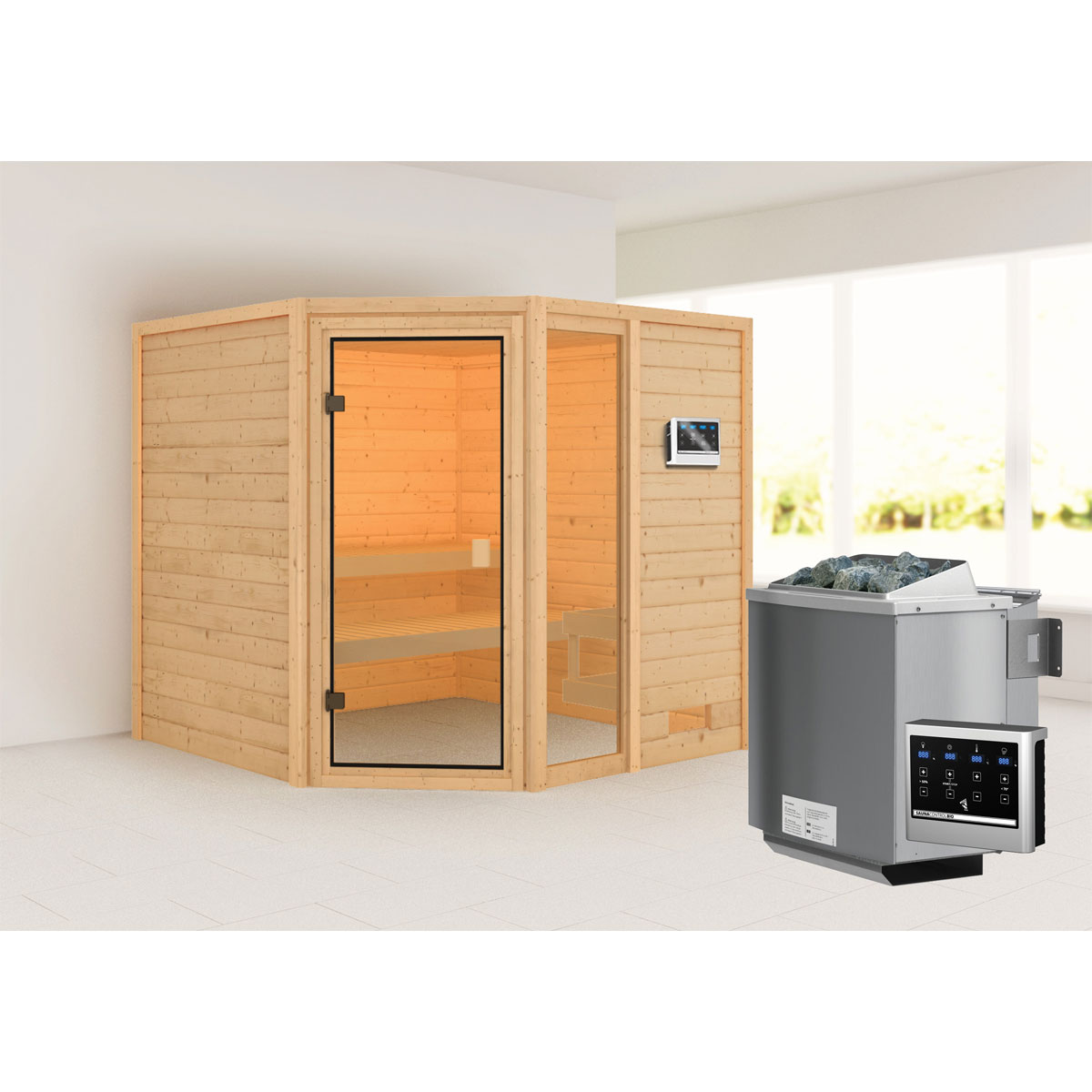 Karibu Sauna Tabea naturbelassen Bio externe Steuerung ohne Dachkranz Bild 1