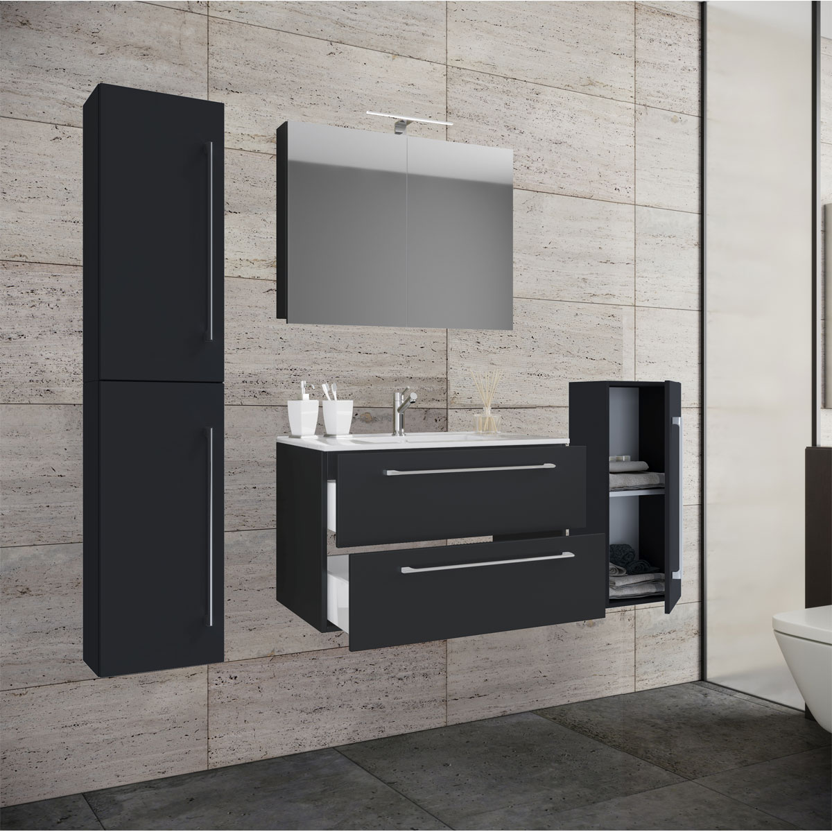 Waschplatz 80 cm 5-teiliges Set 2 Schubfächer mit Spiegelschrank schwarz Waschplatz 80 cm 5-teiliges Set 2 Schubfächer mit Spiegelschrank schwarz