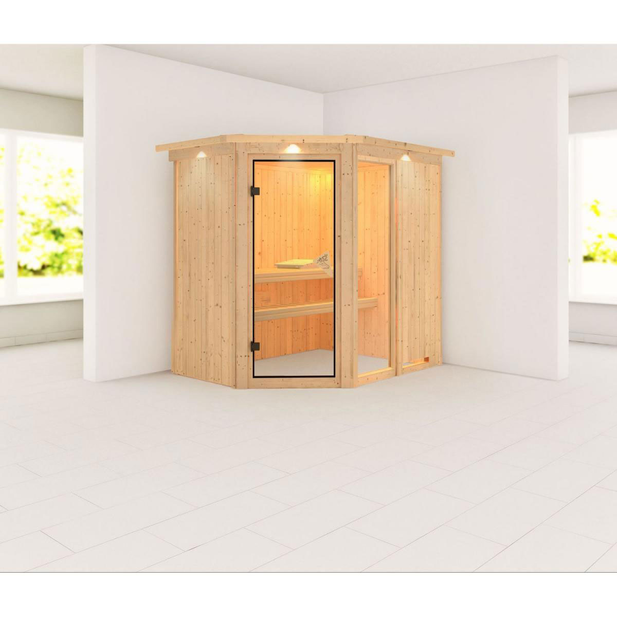 Karibu Systemsauna Fiona 1 68 mm 9 kW Ofen integr Strg mit Dachkranz