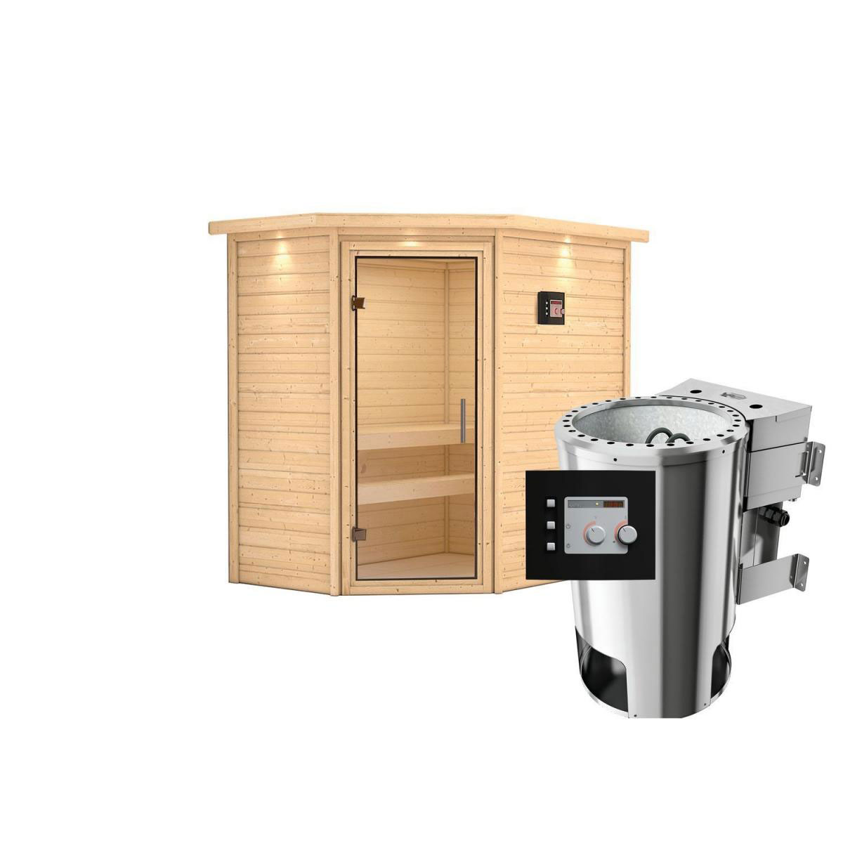 Karibu Sauna Cilja Eckeinstieg 3,6 kW Bio Ofen externe Strg modern mit  Kranz Klarglas-Tür | 3,6 kW Bio externe Strg. | Klarglastür | Ja | 223200
