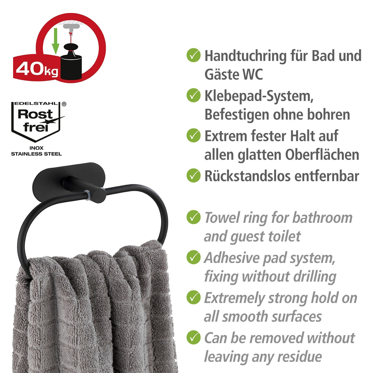 Wenko  Turbo-Loc Edelstahl Handtuchring Orea Black Matt Handtuchhalter Befestigen ohne bohren Bild 3