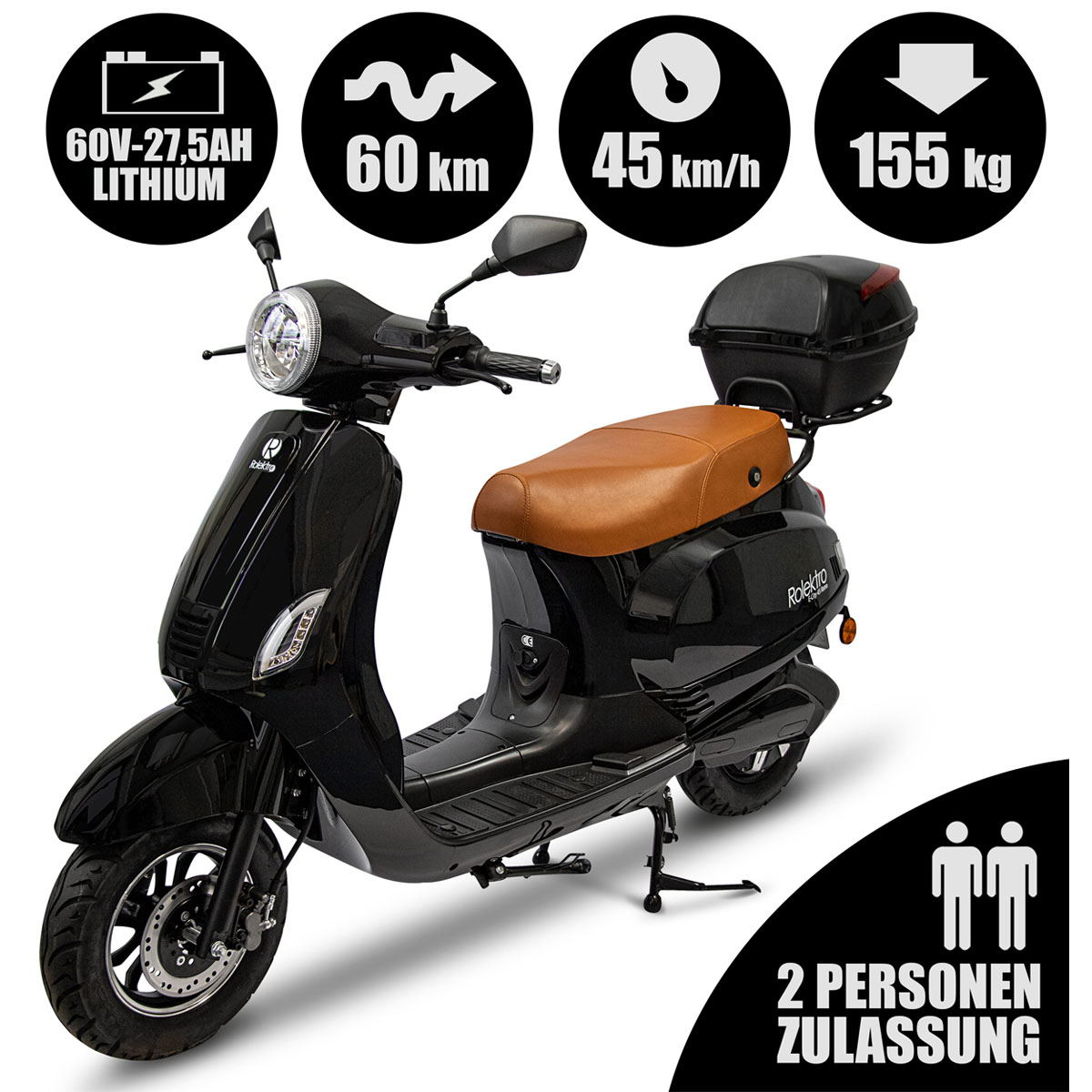Rolektro Retro Roller ERoller 45 km/h Lithium V.2021 Schwarz 60V27,5Ah 2000W K000628988