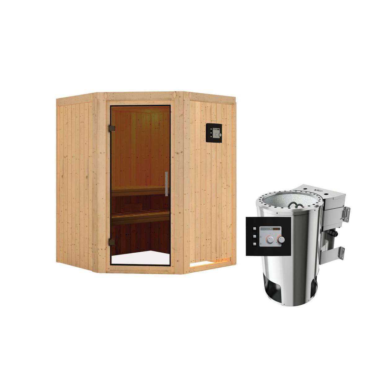 Karibu Sauna Nanja Eckeinstieg 3,6 kW Bio Ofen externe Strg modern kein Kranz Energiespartür