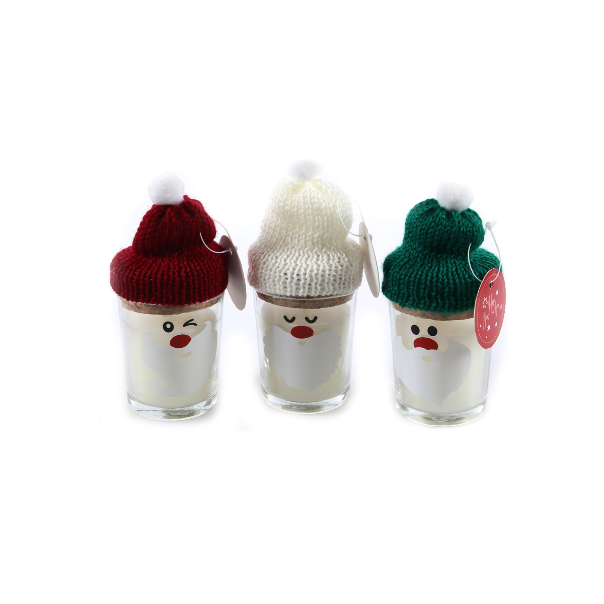 Glas mit Wachsfüllung Santa sortiert mit Strickmütze Durchmesser 6 cm H 7 cm mit Korkdeckel
