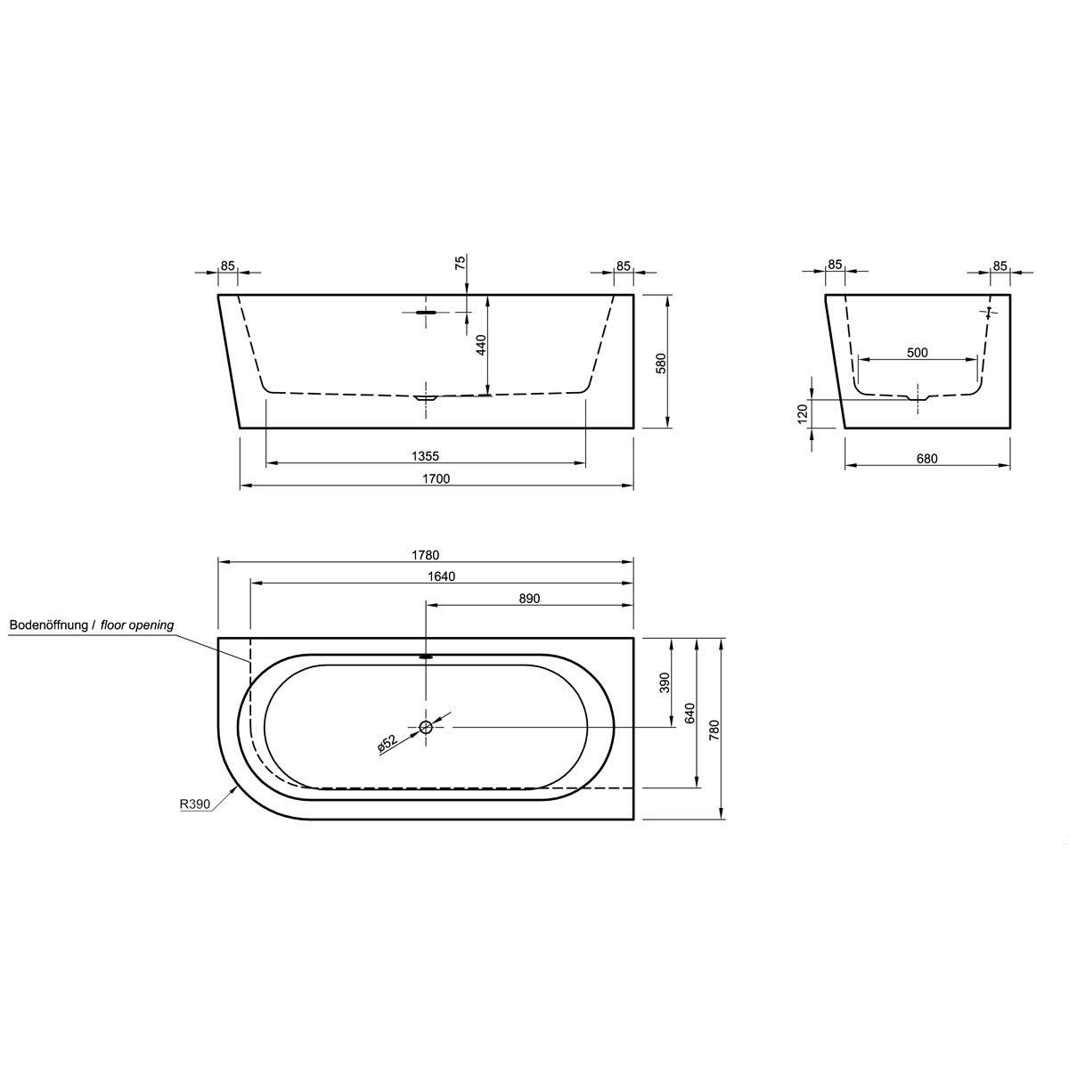 Ottofond Badewanne Modena Corner 178 x 78 cm weiß Ausführung Modell B Bild 3