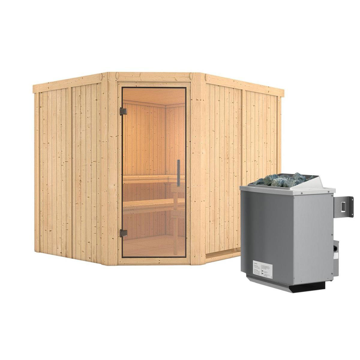 Karibu Sauna Malin Eckeinstieg 9 kW Ofen integr Strg kein Kranz Klarglas-Tür