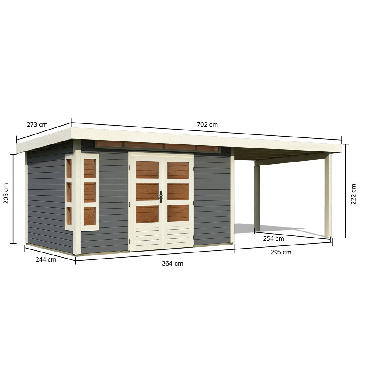 Karibu  Blockbohlenhaus Kastorf 7 terragrau mit Anbaudach Bild 2
