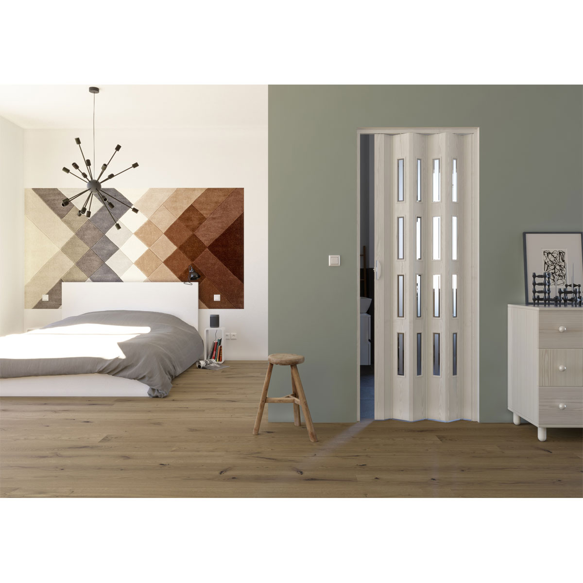 FORTE Kunststoff-Falttür Luciana B 88,5 x H 202 cm Eiche weiß 3 D 4 Fenster