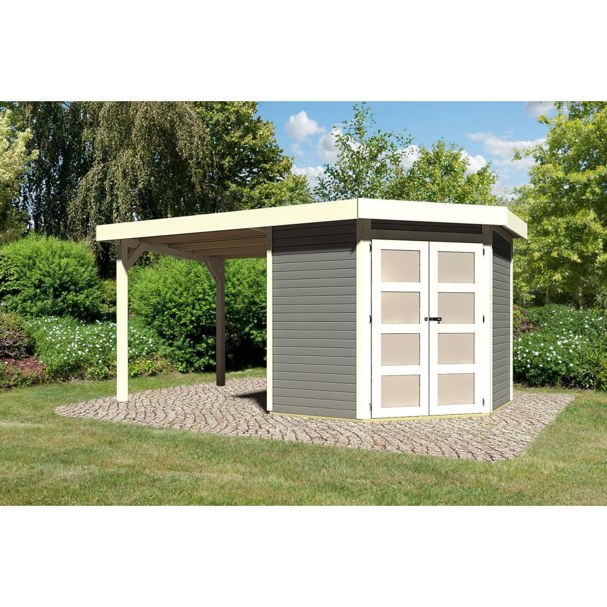 Karibu Gartenhaus Goldendorf 3/5 mit Anbaudach 220 cm 242 x 238 x 218 cm grau