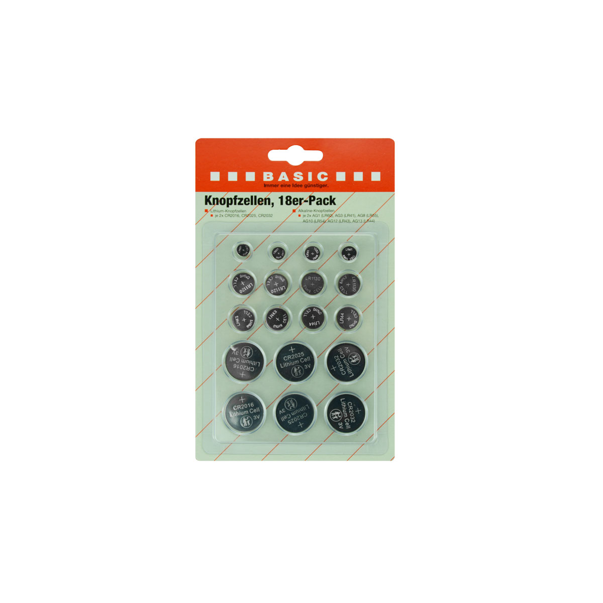 Basic Knopfzellen 18er-Pack Alkaline und Lithium