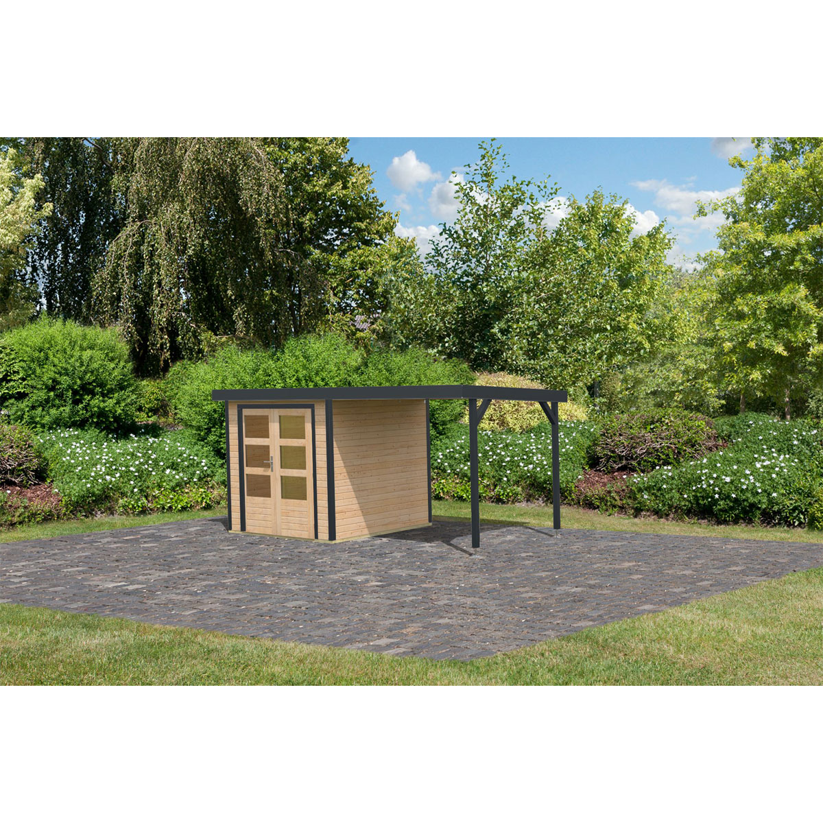 Gartenhaus "Jupiter A" SET naturbelassen / anthrazit, Anbaudach Bild 3