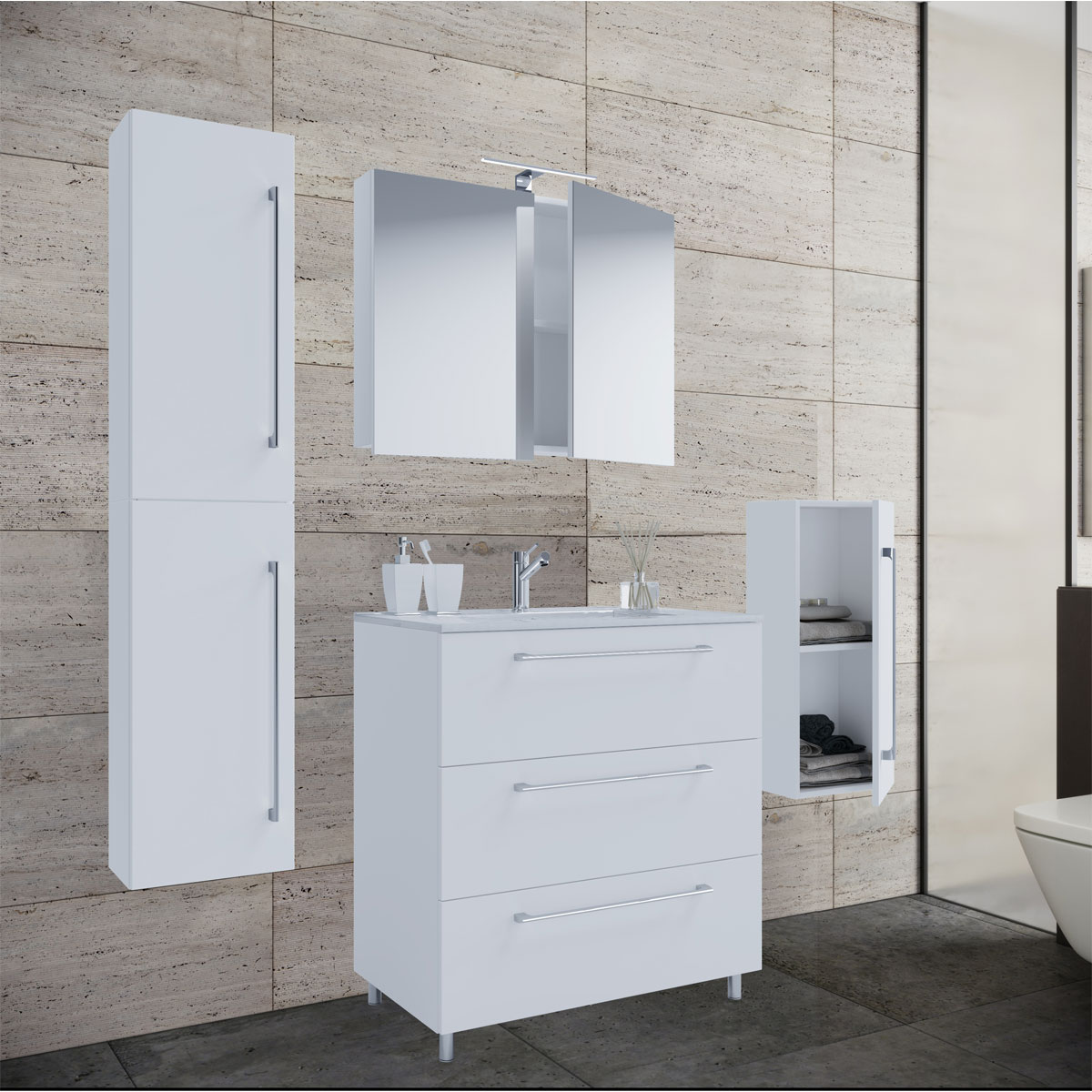 Stand-Waschplatz 60 cm 5-teiliges Set 3 Schubfächer mit Spiegelschrank weiß
