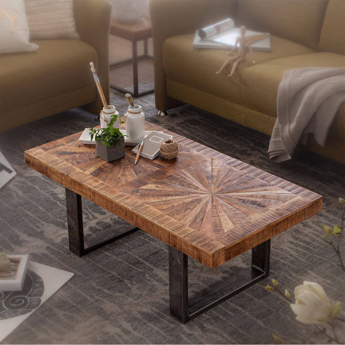 Wohnling Moderner Couchtisch Mango Massivholz 105 x 40 x 55 cm