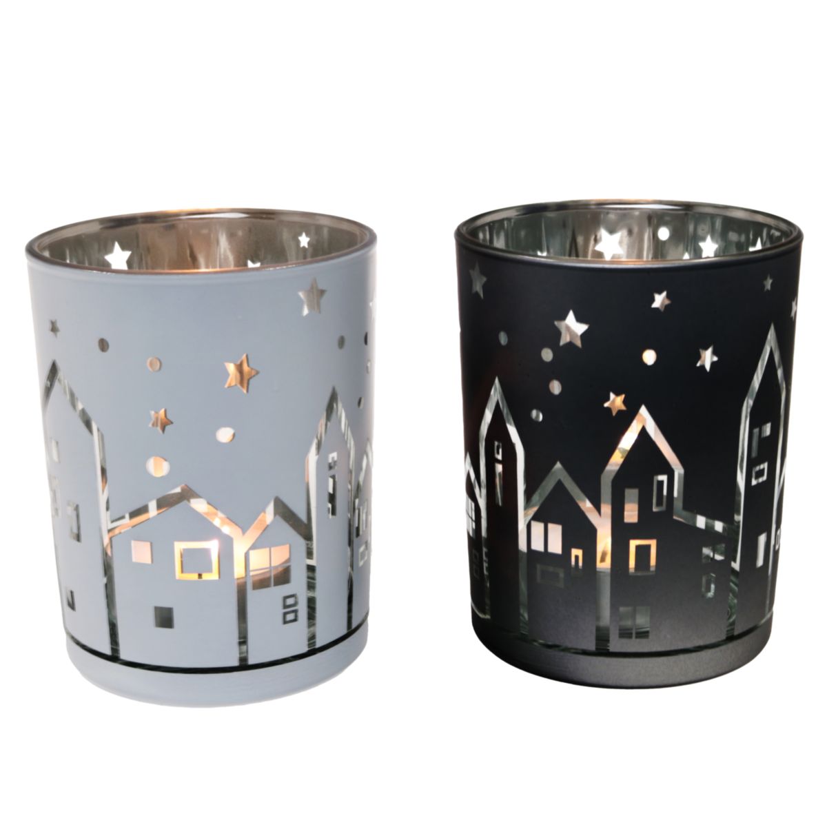 Windlicht Häuser 10x12,5cm weiss grau