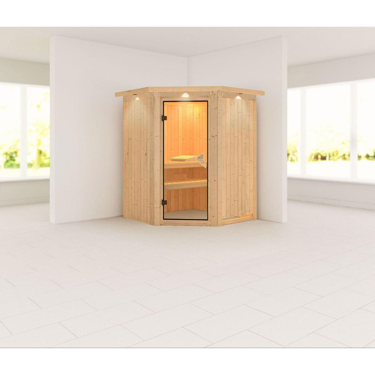 Karibu Systemsauna Nanja 68 mm ohne Ofen mit Kranz