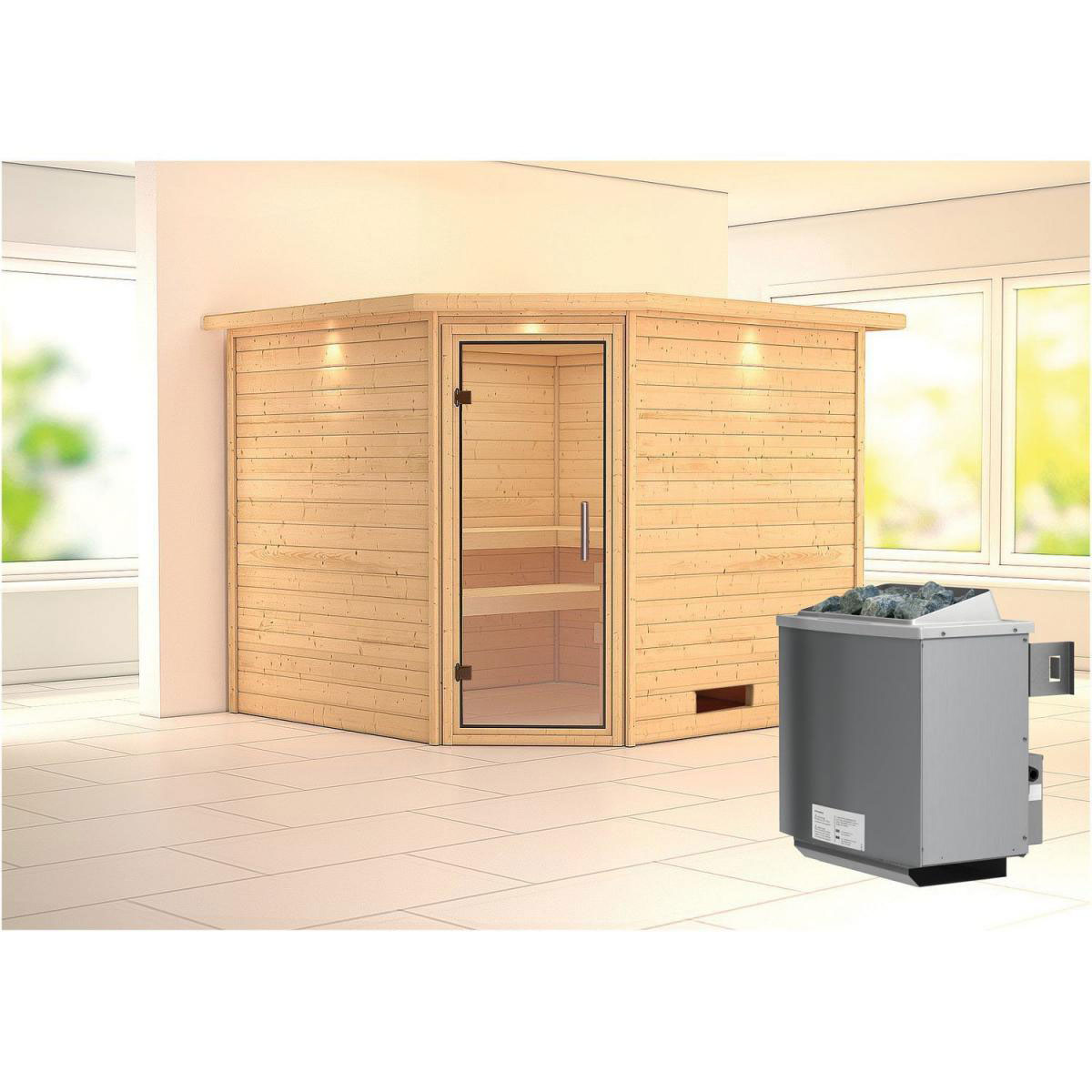 Karibu Sauna Leona Eckeinstieg 9 kW Ofen integr Strg mit Kranz Klarglas-Tür Bild 6