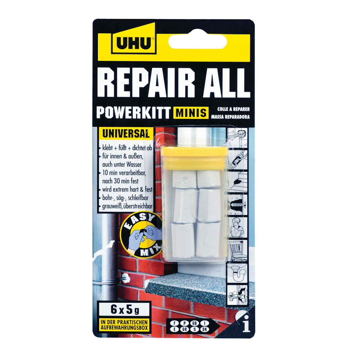 UHU Zwei-Komponenten-Klebstoff repair all powerkitt minis 6 x 5 g