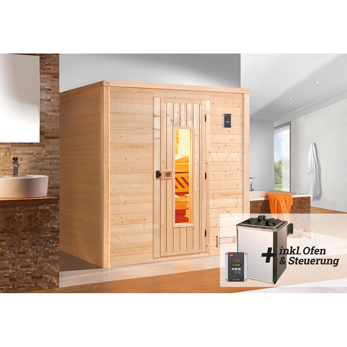 Weka  Premium Massivholz-Sauna Bergen Größe 1 Sparset 7,5 kW Bio S Glastuer Bild 2