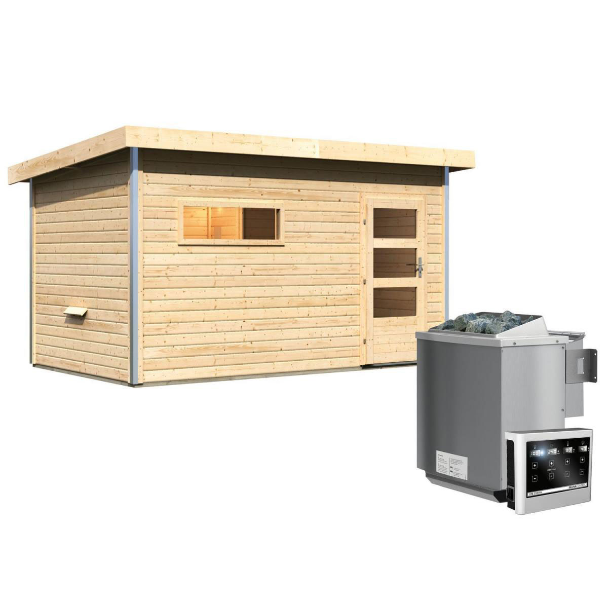 Karibu Saunahaus Skrollan 3 38 mm 9 kW Bio Ofen externe Strg moderne Tür