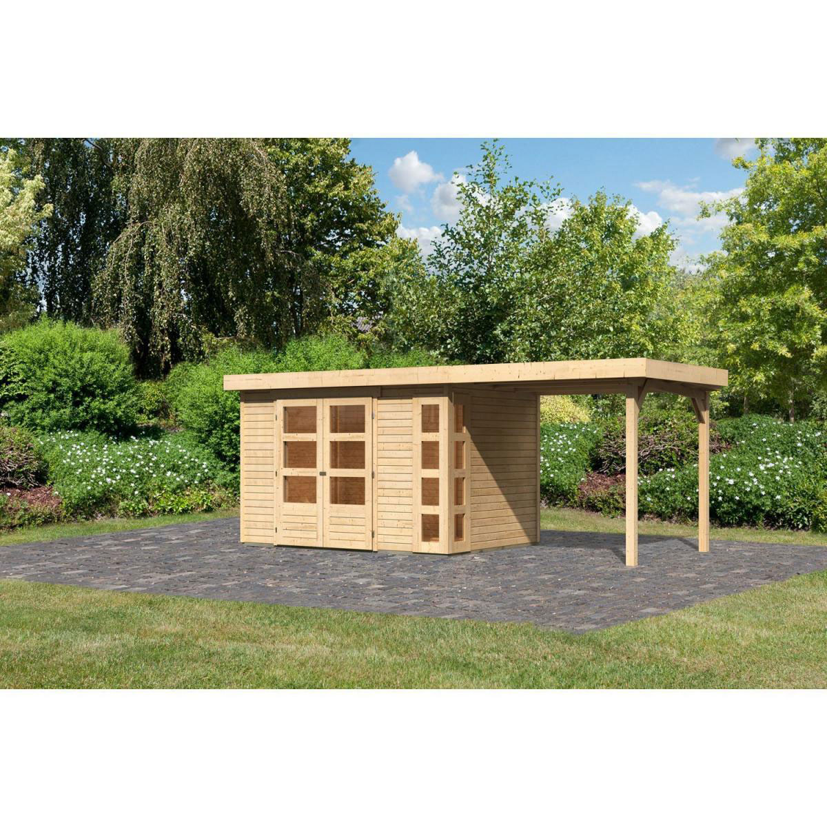 Karibu Gartenhaus-Set Kerko 4 mit Anbaudach 2,4 m naturbelassen