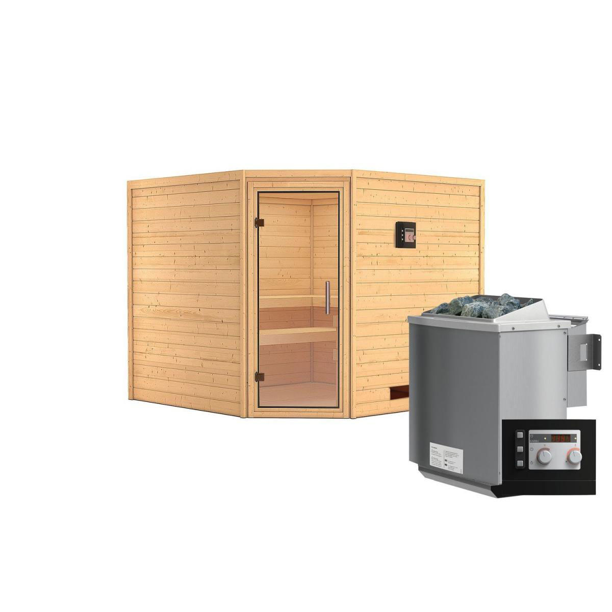 Karibu Sauna Leona Eckeinstieg 9 kW Bio Ofen externe Strg modern kein Kranz Klarglas-Tür