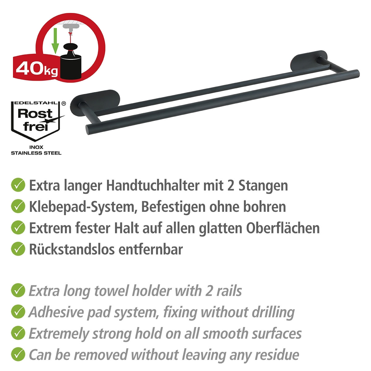 Wenko  Turbo-Loc Edelstahl Badetuchstange Duo Orea Black Matt Handtuchstange Befestigen ohne bohren Bild 3