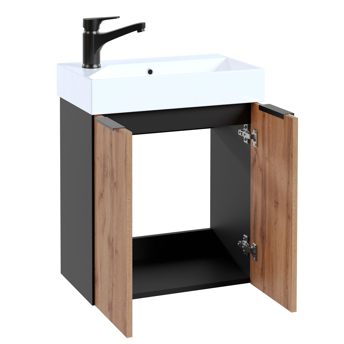 Waschbeckenunterschrank Mara, 55cm, Schwarz, 2 Türen, Soft-Close, inkl. Keramik-Becken Bild 2