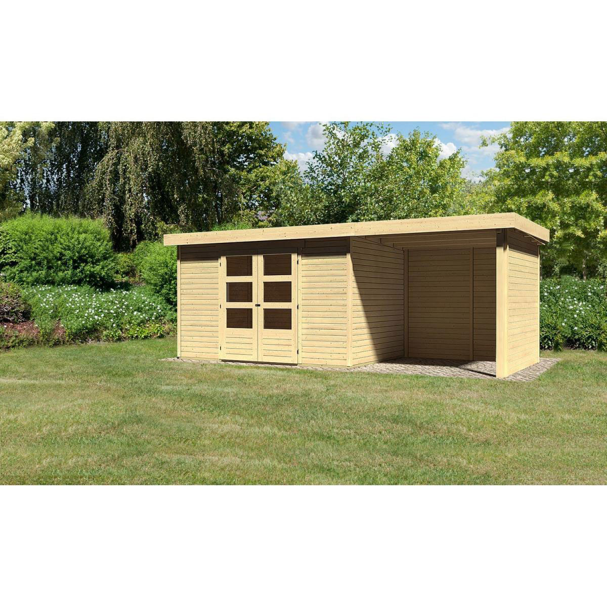 Karibu Gartenhaus Askola mit Anbaudach 225 cm und Seiten-/Rückwand naturbelassen 522 x 217 x 211 cm