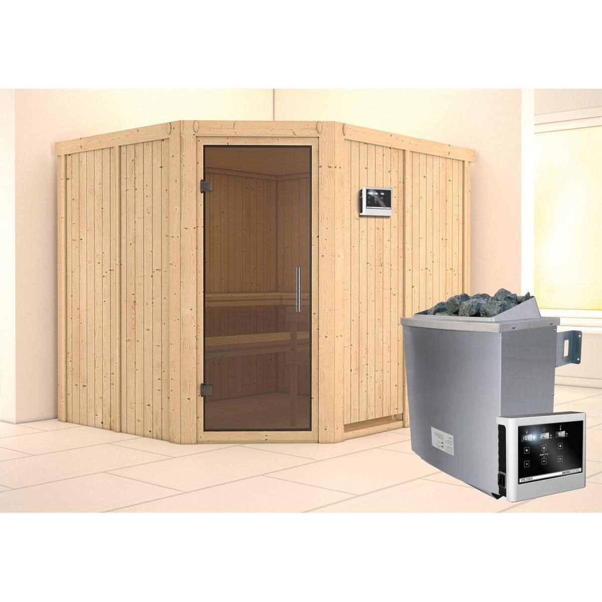 Karibu Sauna Malin Eckeinstieg 9 kW externe Strg modern Tür graphit ohne Kranz