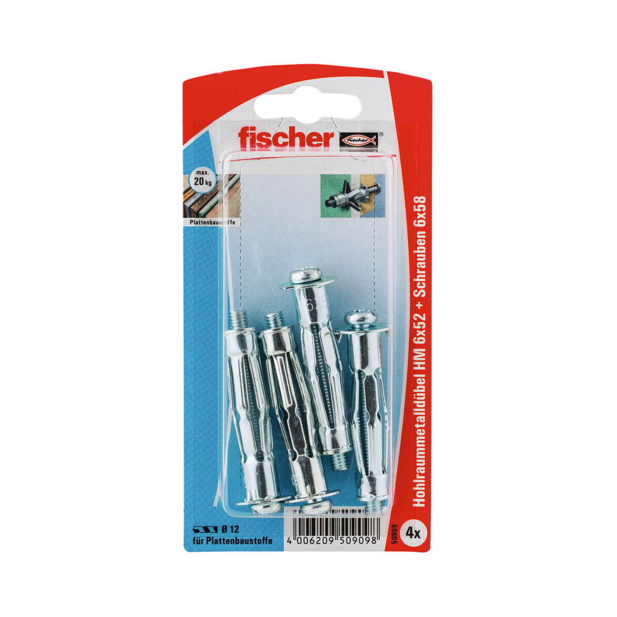 Fischer Hohlraum-Metalldübel 6 x 52 mm mit metrischer Schraube 4 Stück