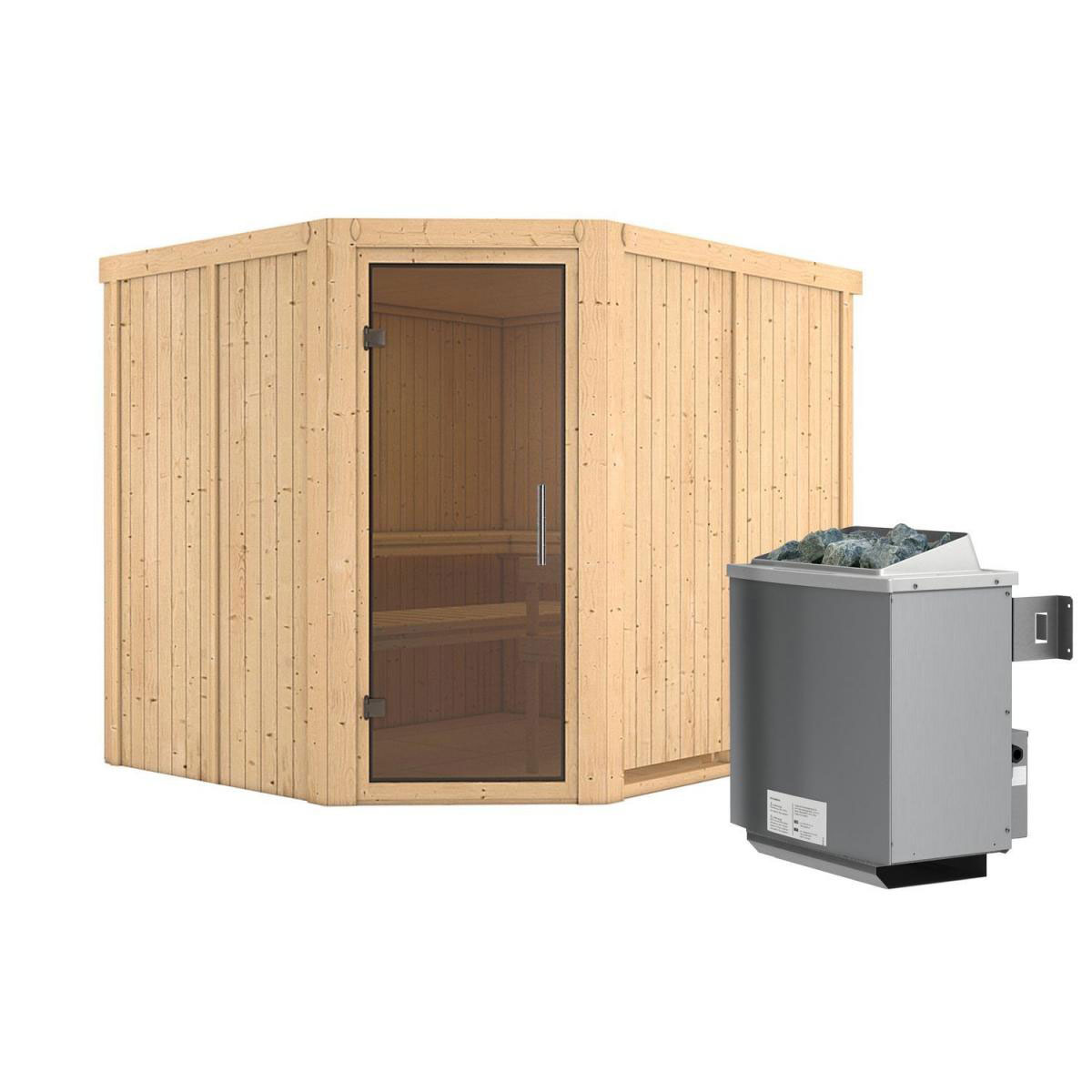 Karibu Sauna Malin Eckeinstieg 9 kW Ofen integr Strg Tür graphit ohne Kranz Bild 2