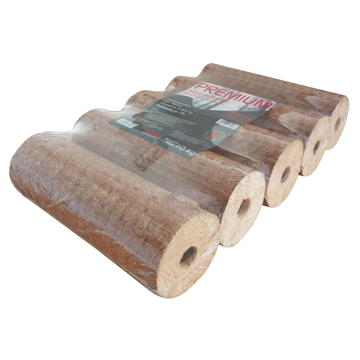 Holzbriketts Premium 10kg rund m.Lochhell, PE folierte