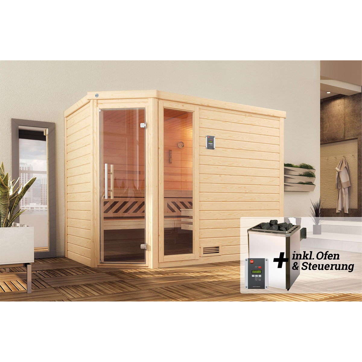 Weka  Premium Massivholz-Sauna Turku Eck Größe 3 Sparset 7,5 kW OS Glastuer Bild 2