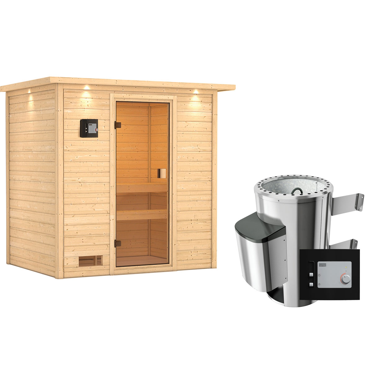Karibu Sauna Selena 3,6 kW mit Kranz naturbelassen externe Steuerung Bild 2