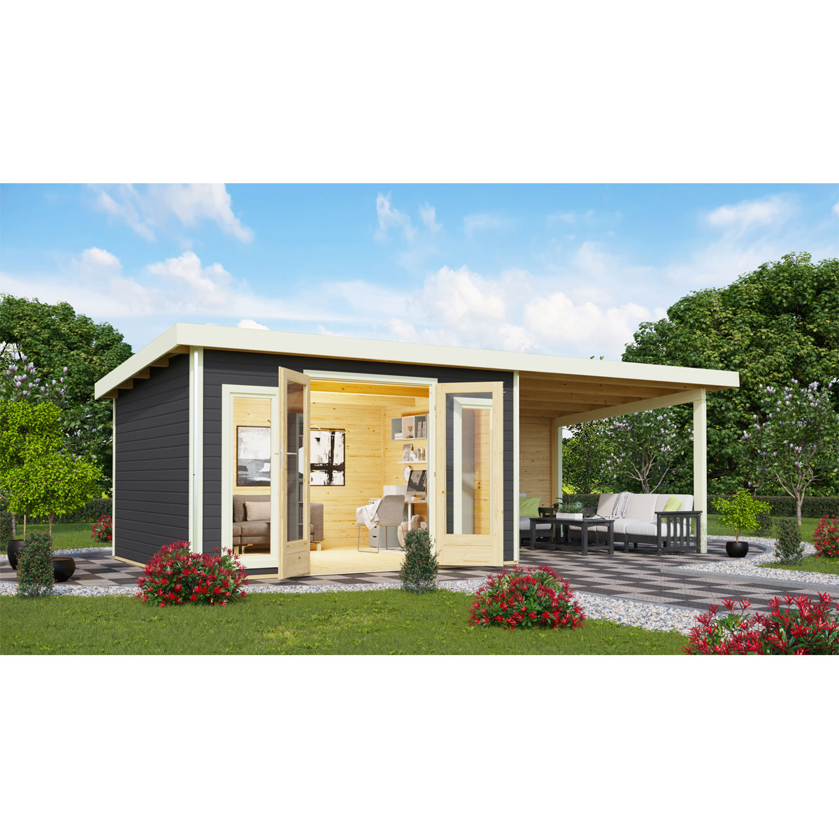 Karibu  Blockbohlenhaus Radeburg 2 terragrau mit Anbaudach und Rückwand Bild 3