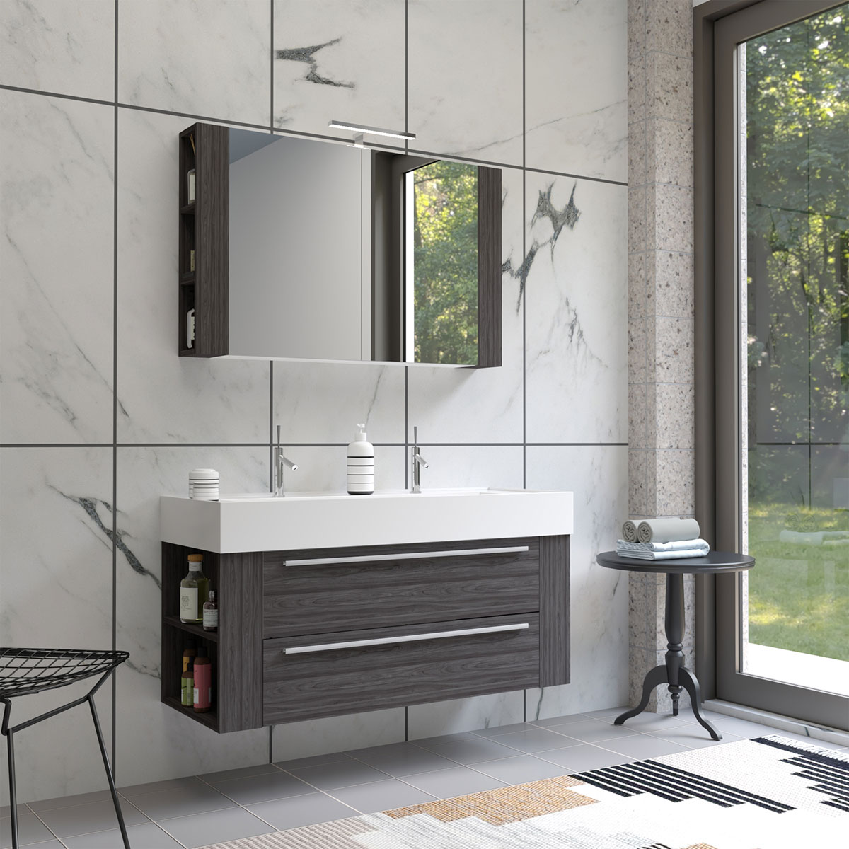 Progetto Idea Stella Badmöbel DOMUS 120 Ulme onyx mit Spiegelschrank und Lampe Bild 2