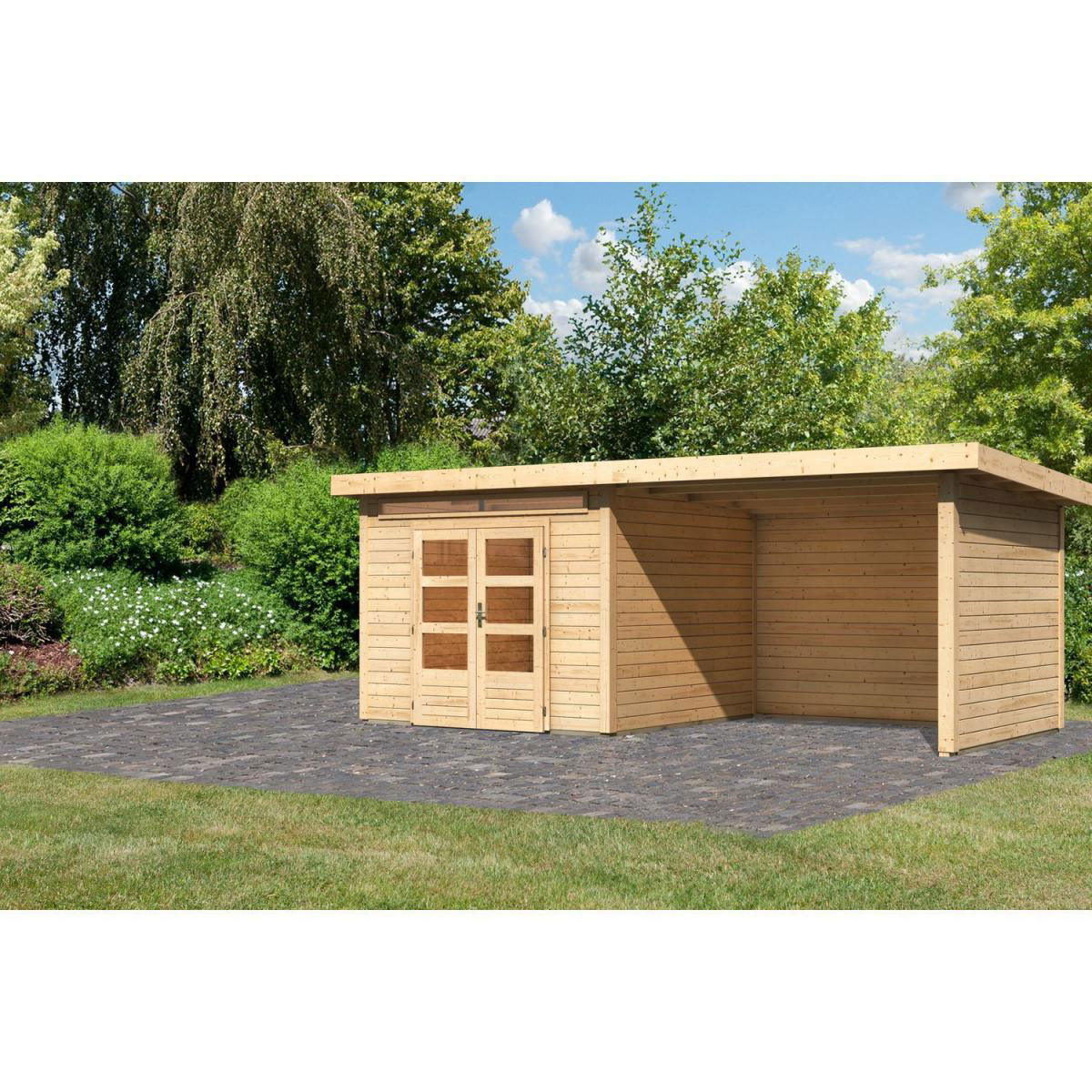 Karibu Gartenhaus-Set Kandem 6 mit Anbaudach 2,95 m mit Seiten- und Rückwand naturbelassen Bild 1