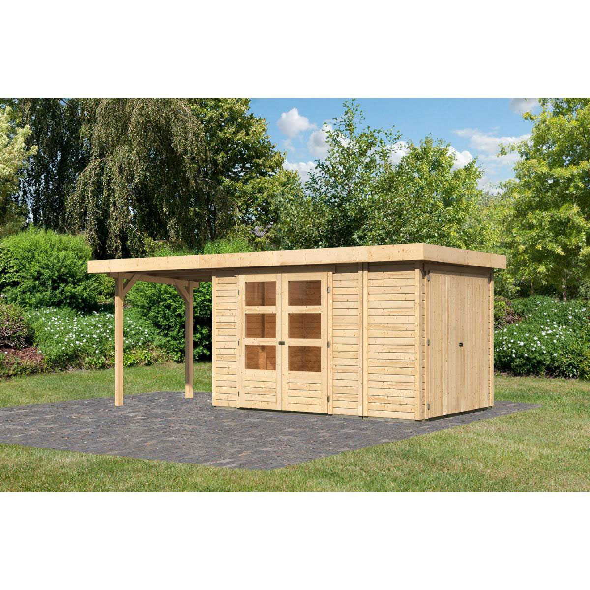 Karibu Gartenhaus Retola 3 inkl Anbauschrank und Anbaudach 2,40 Meter naturbelassen