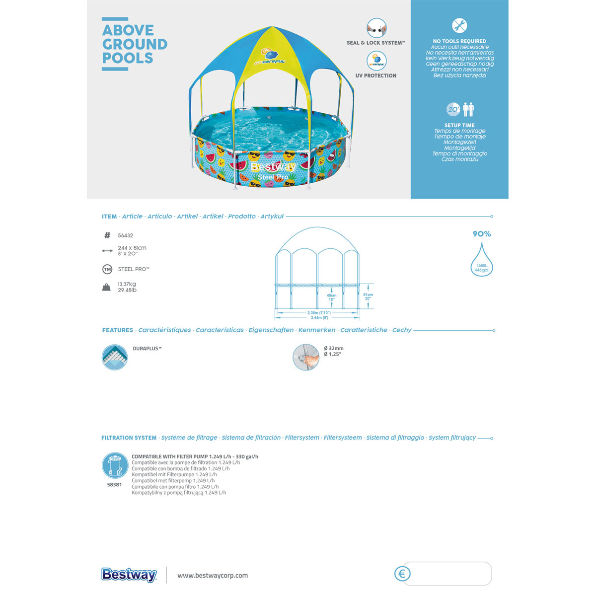 Bestway Stahlwandpool Splash-in-Shade mit Sonnendach 244 x 51 cm bunt Bild 5