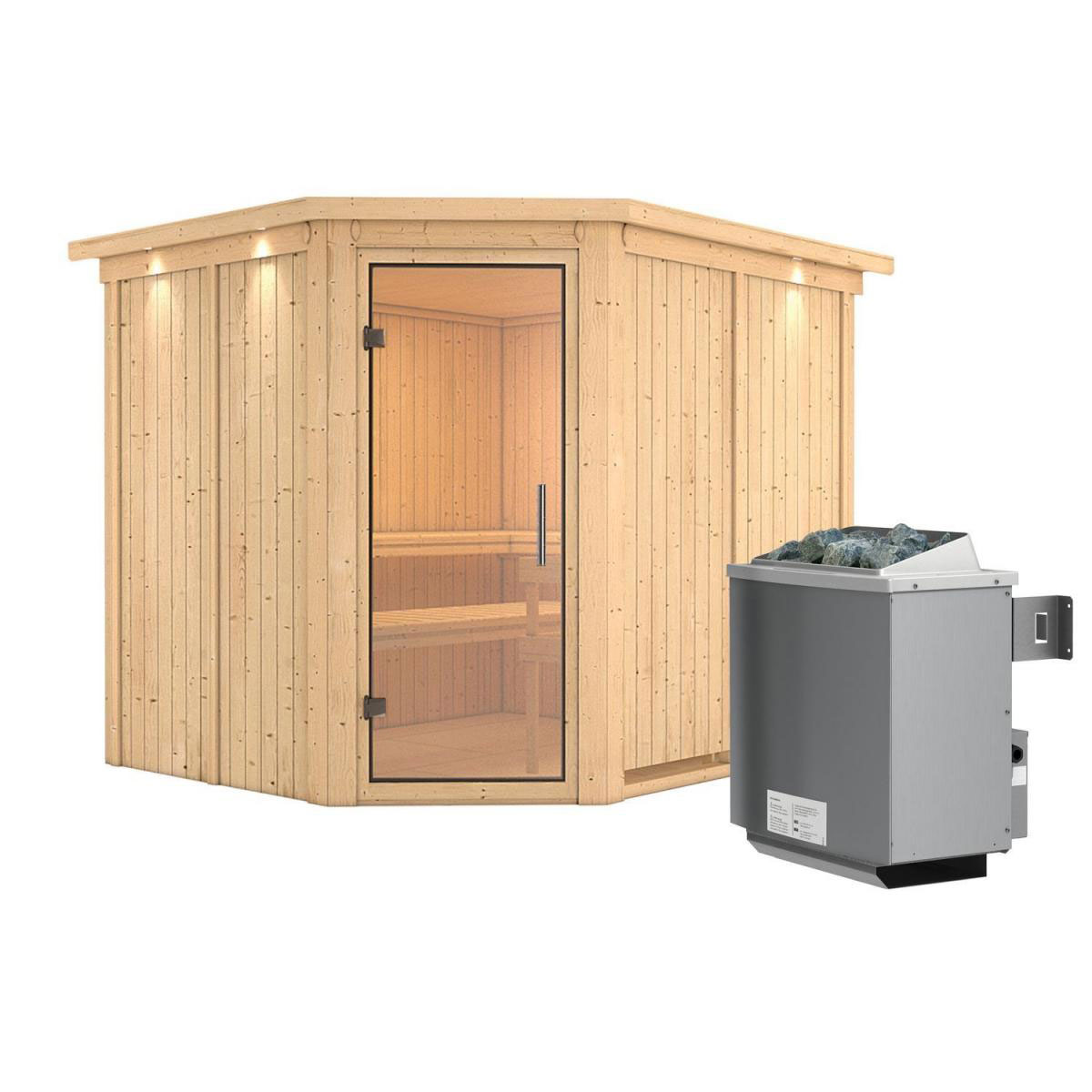 Karibu Sauna Malin Eckeinstieg 9 kW Ofen integr Strg mit Kranz Klarglas-Tür Bild 1