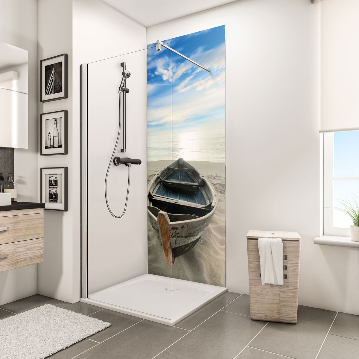 Schulte ExpressPlus Duschrueckwand DecoDesign Foto Ruderboot am Strand 2100 x 900