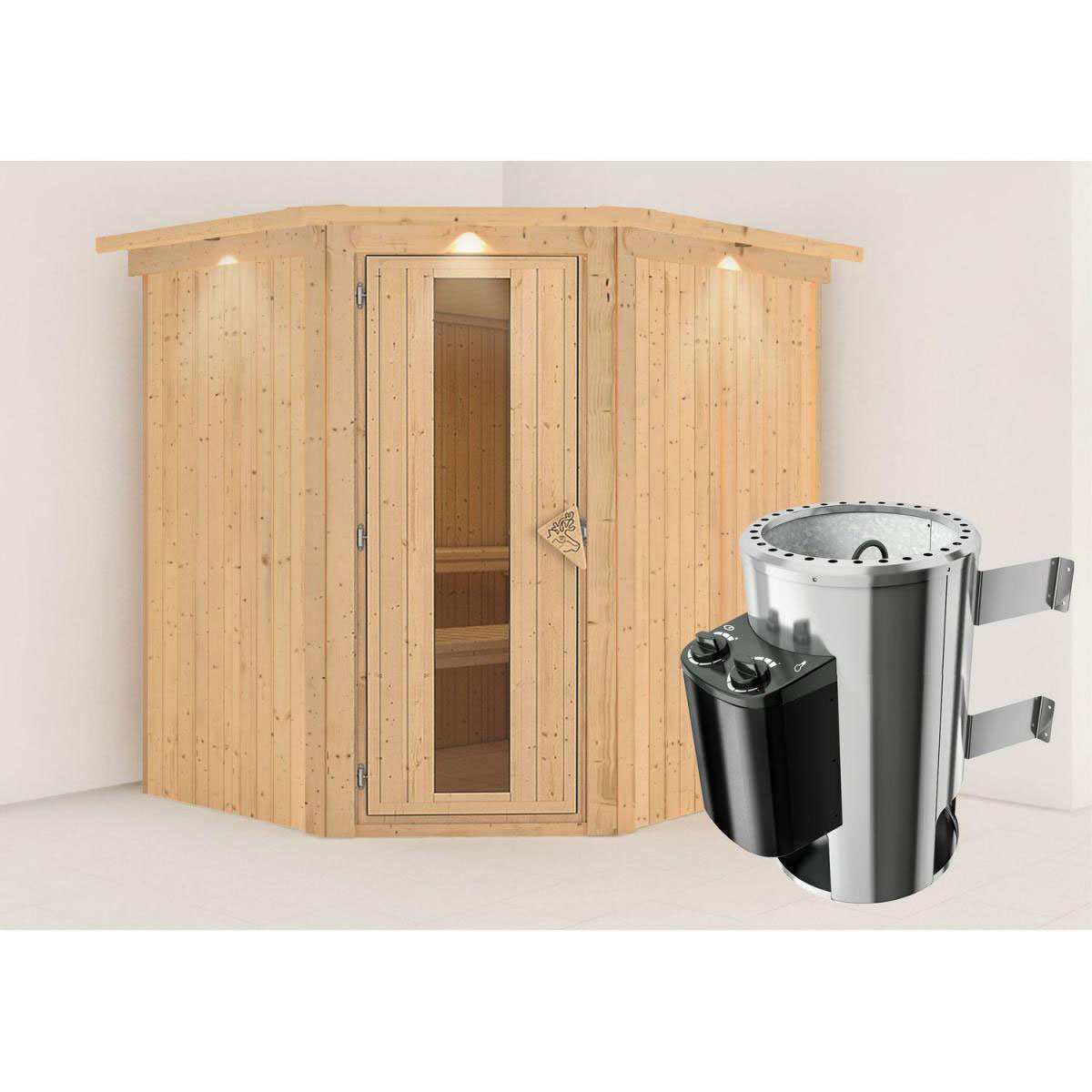 Karibu Sauna Lilja Eckeinstieg 3,6 kW Ofen integr Strg mit Kranz Energiespartür Bild 6