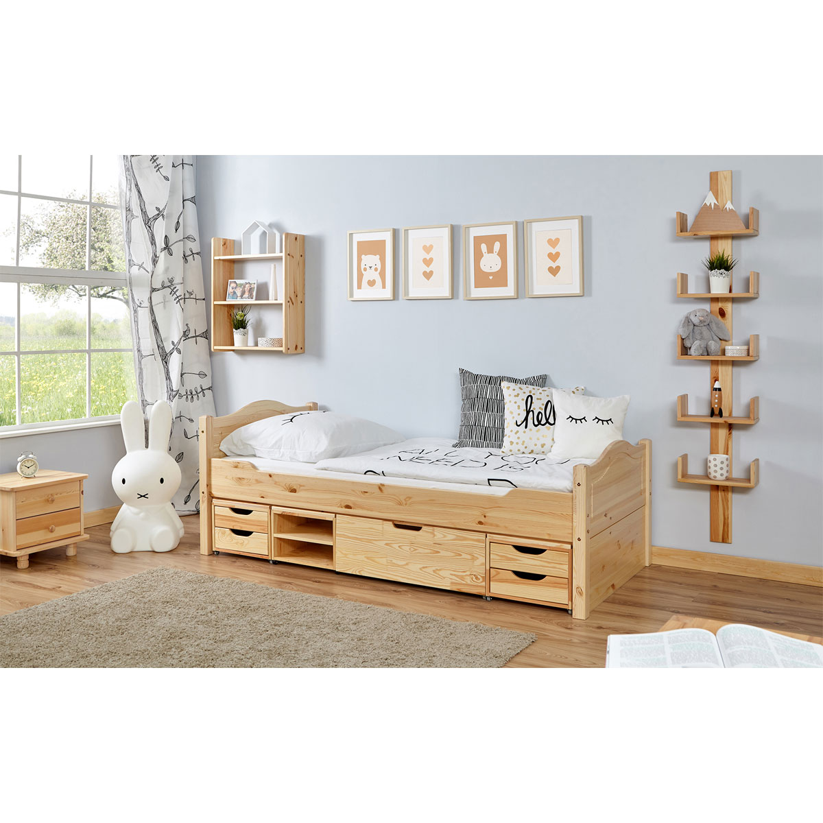 Ticaa Einzelbett Leni Kiefer mit 4er Funktionsschubkasten 90 x 200 cm