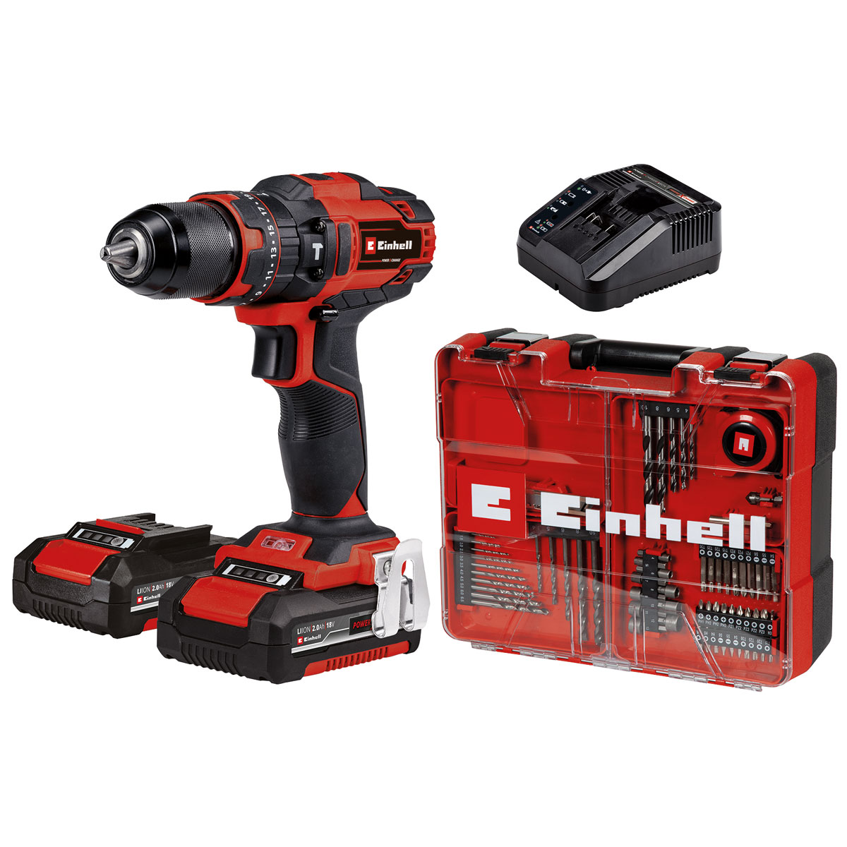 Einhell Akku-Schlagbohrschrauber-Set TE-CD 18/40 Li-i und Zubehör 2 x 2,0Ah 64-teilig