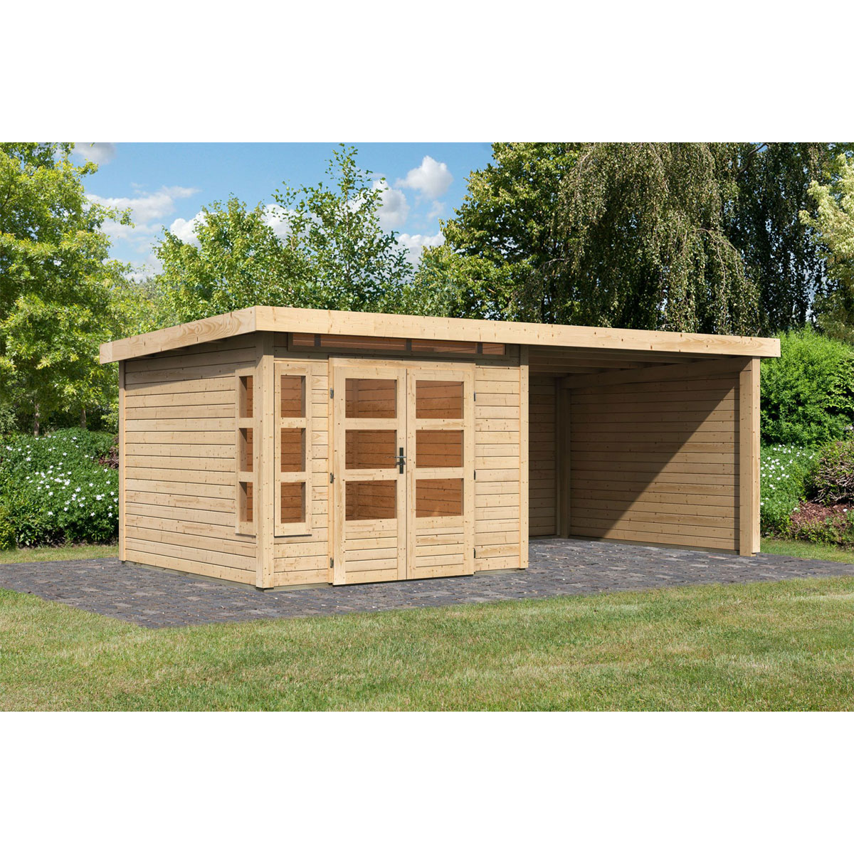 Karibu  Blockbohlenhaus Kastorf 6 naturbelassen mit Anbaudach und Seiten