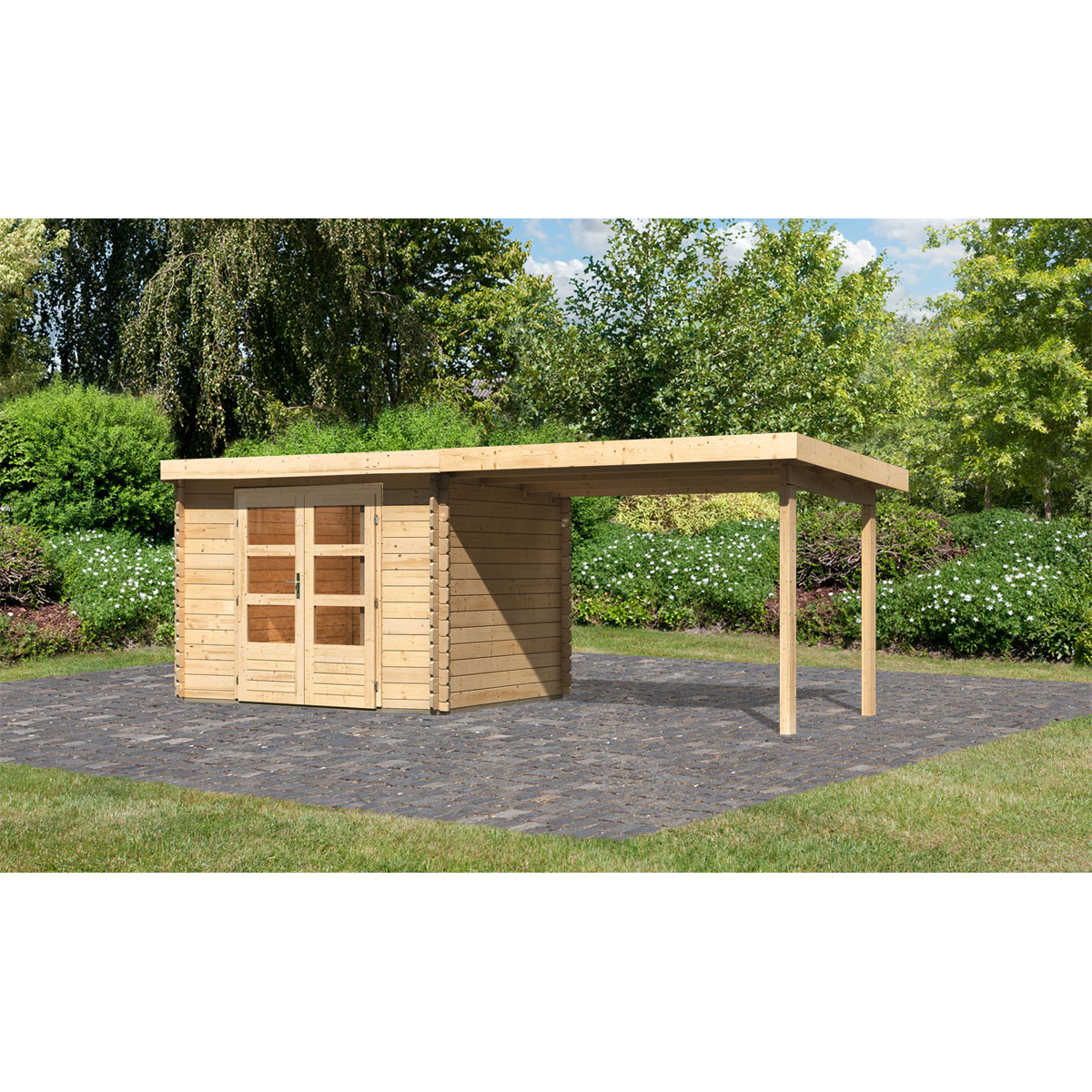 Karibu BBH Bastrup 3 Set mit Anbaudach naturbelassen